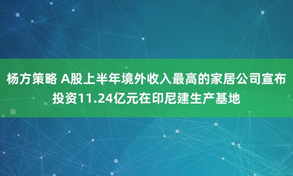 杨方策略 A股上半年境外收入最高的家居公司宣布投资11.24亿元在印尼建生产基地